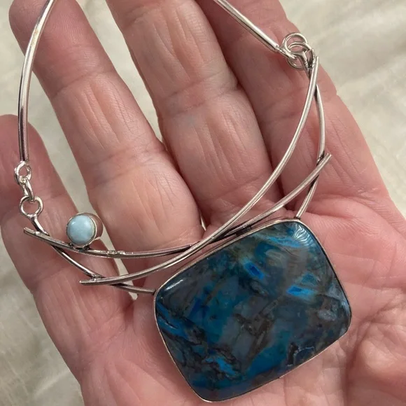 NEW Stick Agate and Larimar, 925 Silver Necklace - Picture 3 of 4